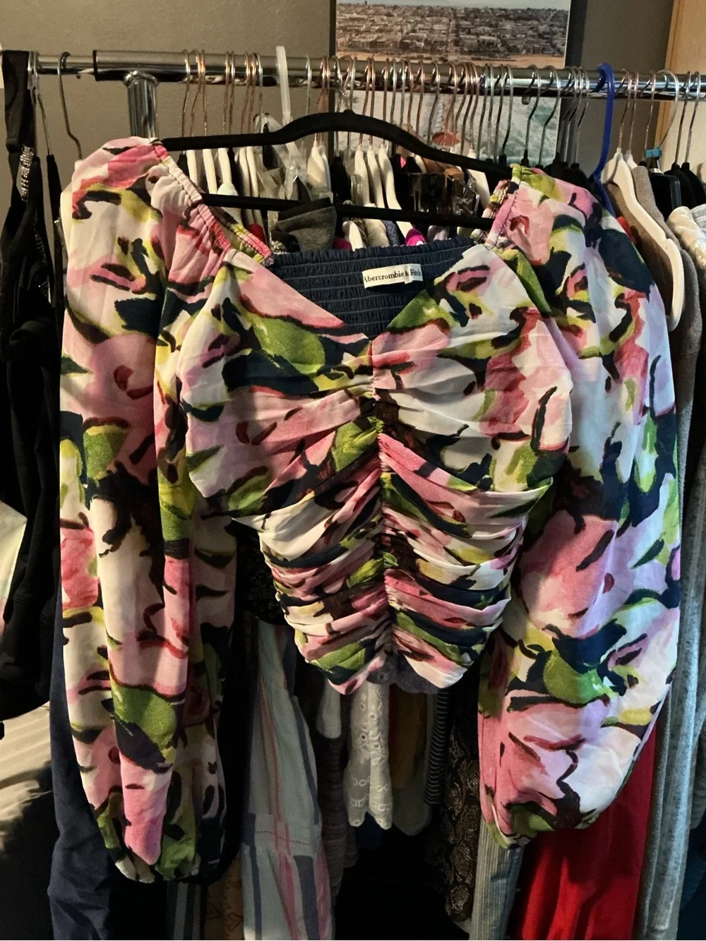 Abercrombie & Fitch Multi-Floral Pink Green Ruched Chiffon Blouse